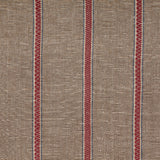 Detail of fabric in a chevron stripe print in brown and red with blue accents.