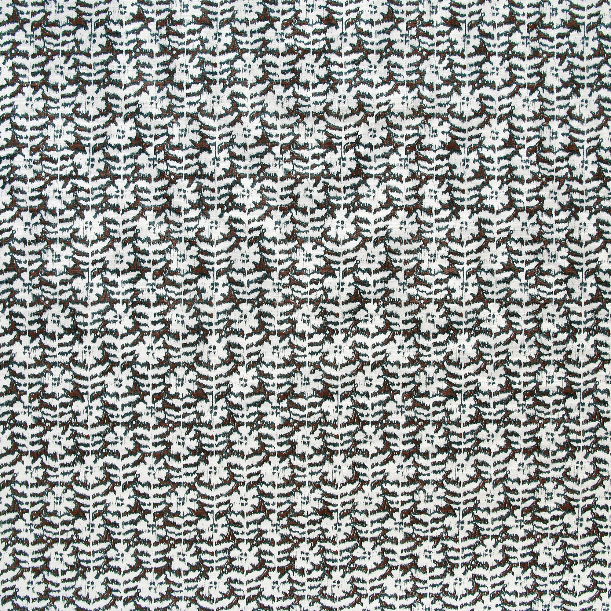 Detail of fabric in a floral grid print in white on a dark brown field.