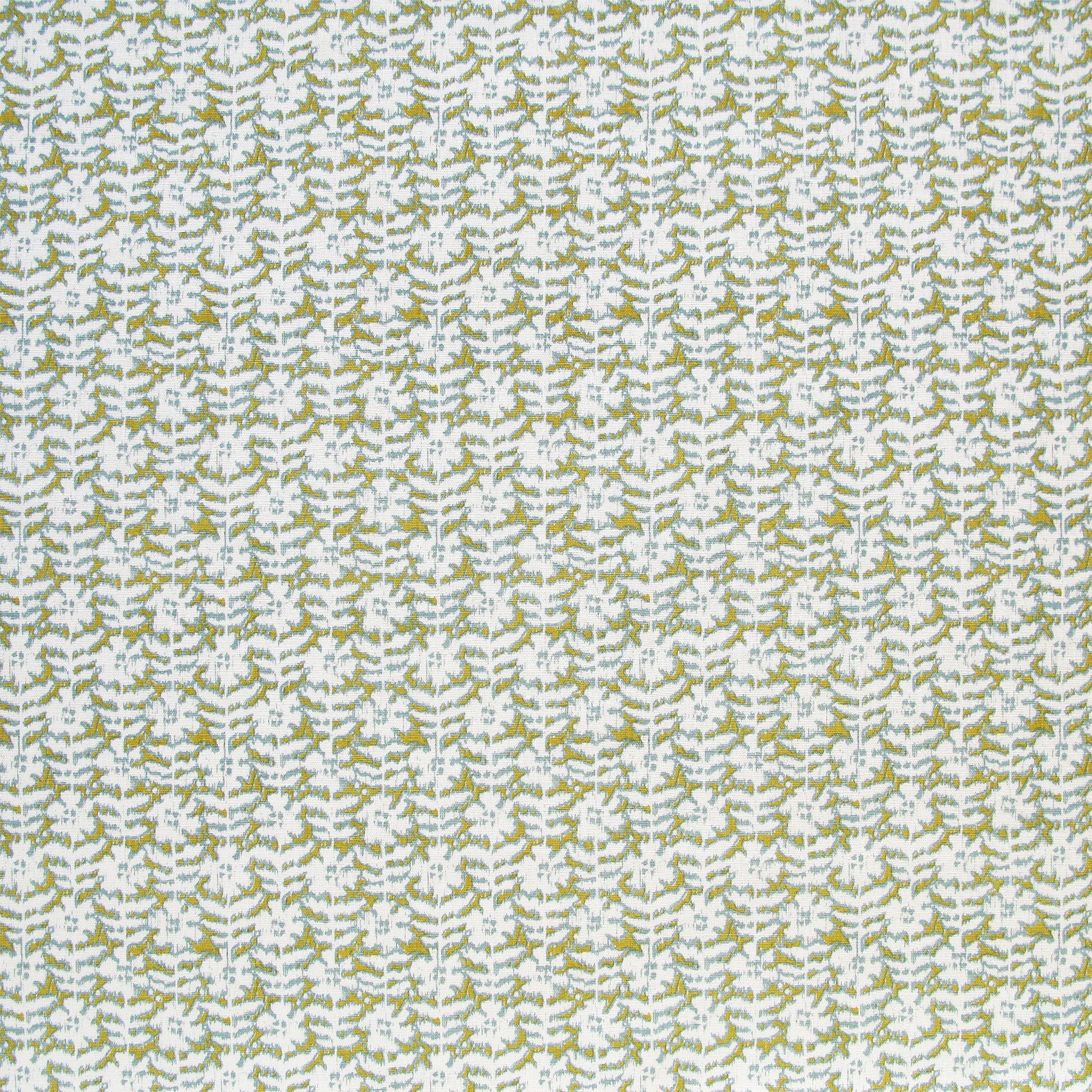 Detail of fabric in a floral grid print in white and blue on a mustard field.