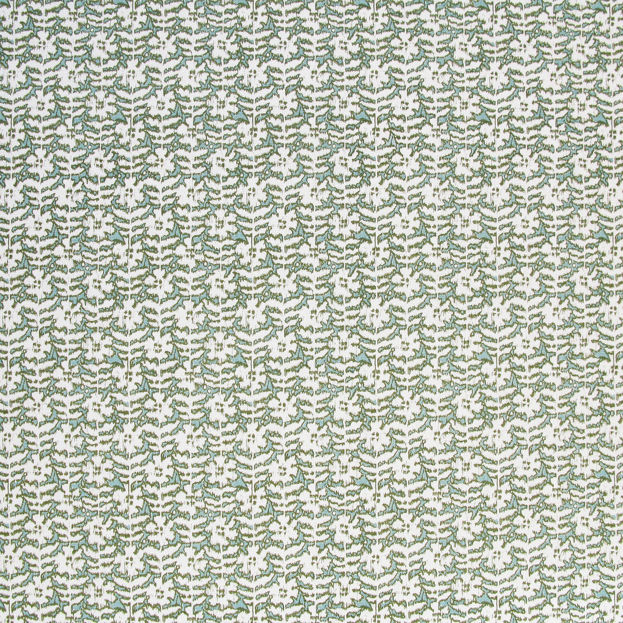 Detail of fabric in a floral grid print in white and sage on a light green field.