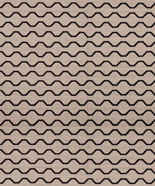 Flatweave rug with a black zig zag stripe on a cream background 