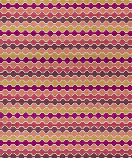 Flatweave rug with zigzag pattern in pink, orange, purple and yellow 