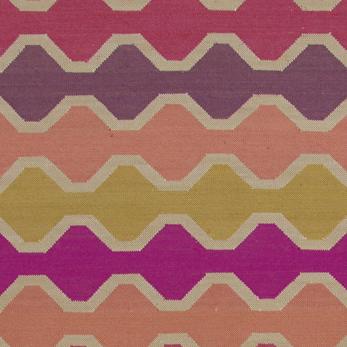 Flatweave rug with zigzag pattern in pink, orange, purple and yellow 