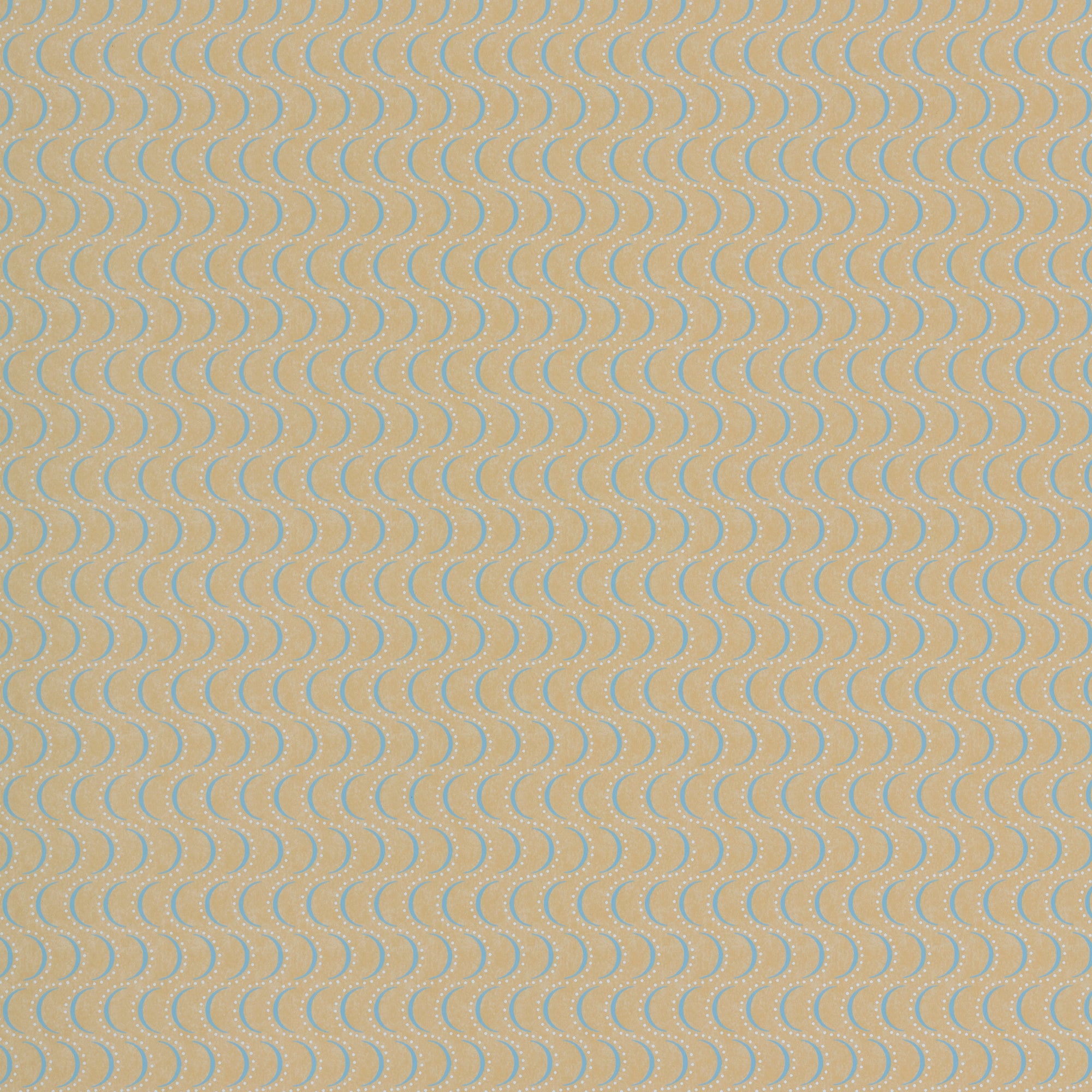 Wallpaper panel in an undulating stripe pattern in blue and white on a mustard field.