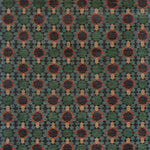 Patterned carpet with geometric design in green, red, and beige.
