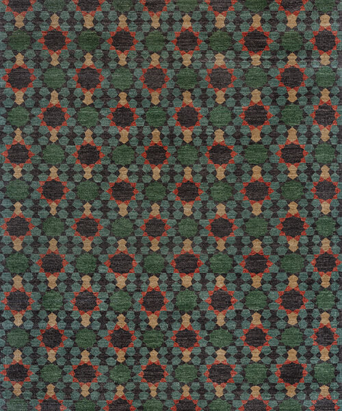 Patterned carpet with geometric design in green, red, and beige.