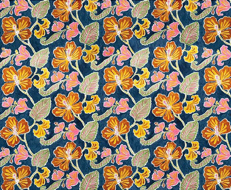 Detail of fabric in a flower and leaf print in shades of orange, pink and green on a navy field.