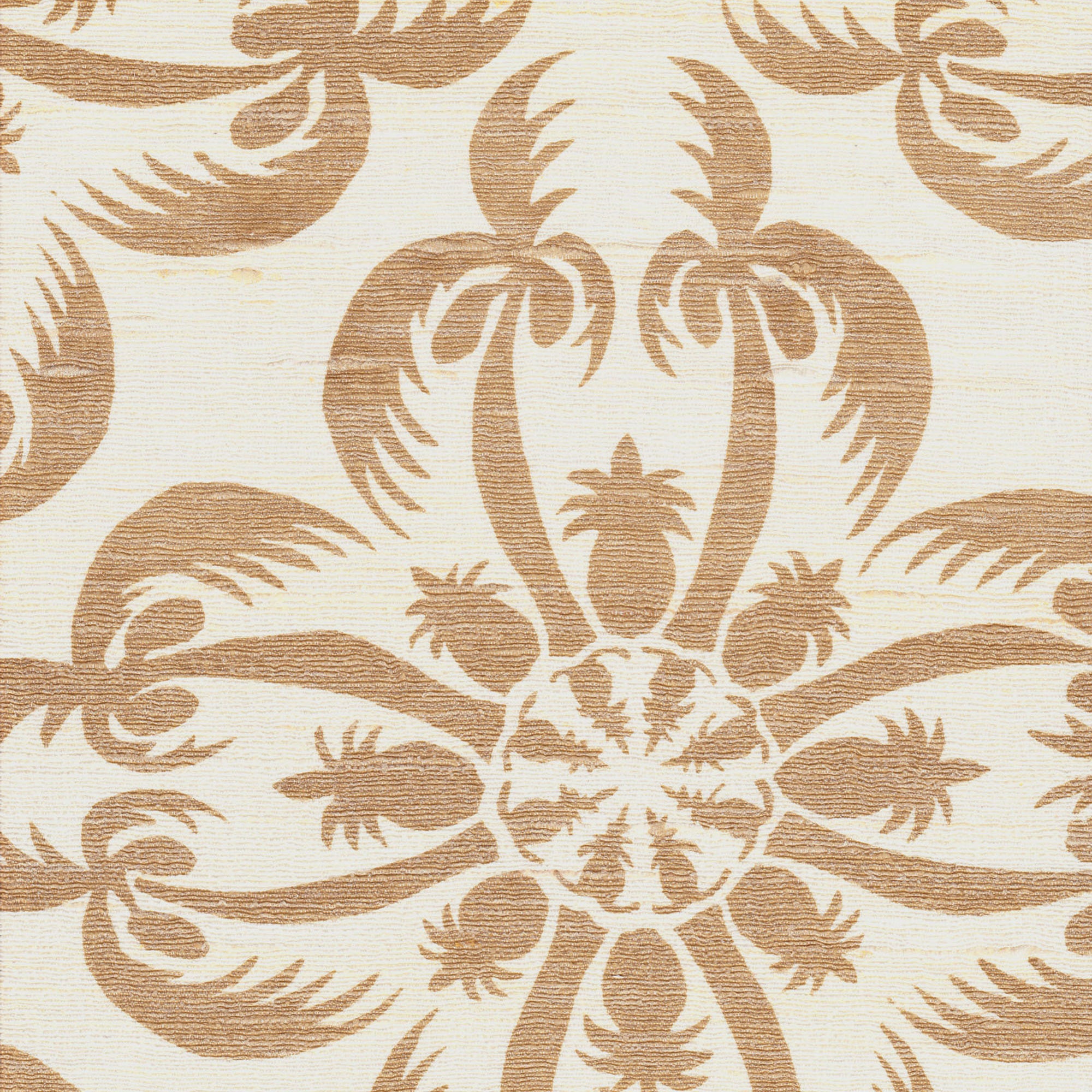 Detail of fabric in a playful botanical print in light brown on a cream field.