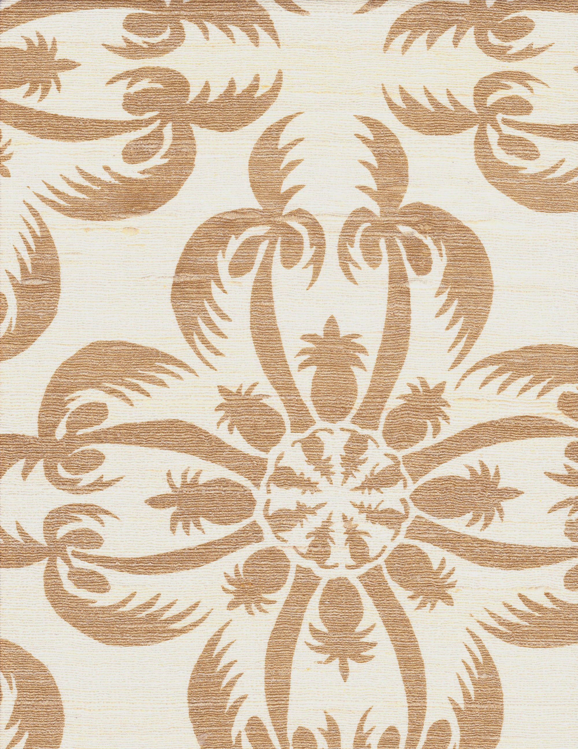 Detail of fabric in a playful botanical print in light brown on a cream field.