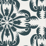 Detail of fabric in a playful botanical print in navy on a white field.