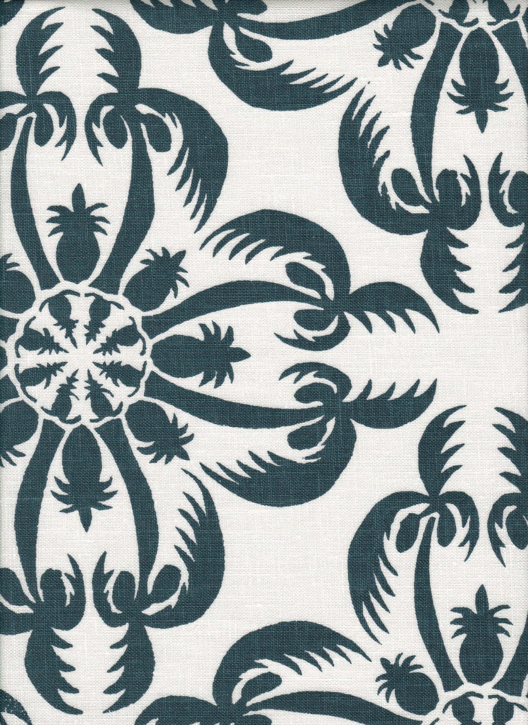 Detail of fabric in a playful botanical print in navy on a white field.