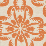 Detail of fabric in a playful botanical print in orange on a cream field.