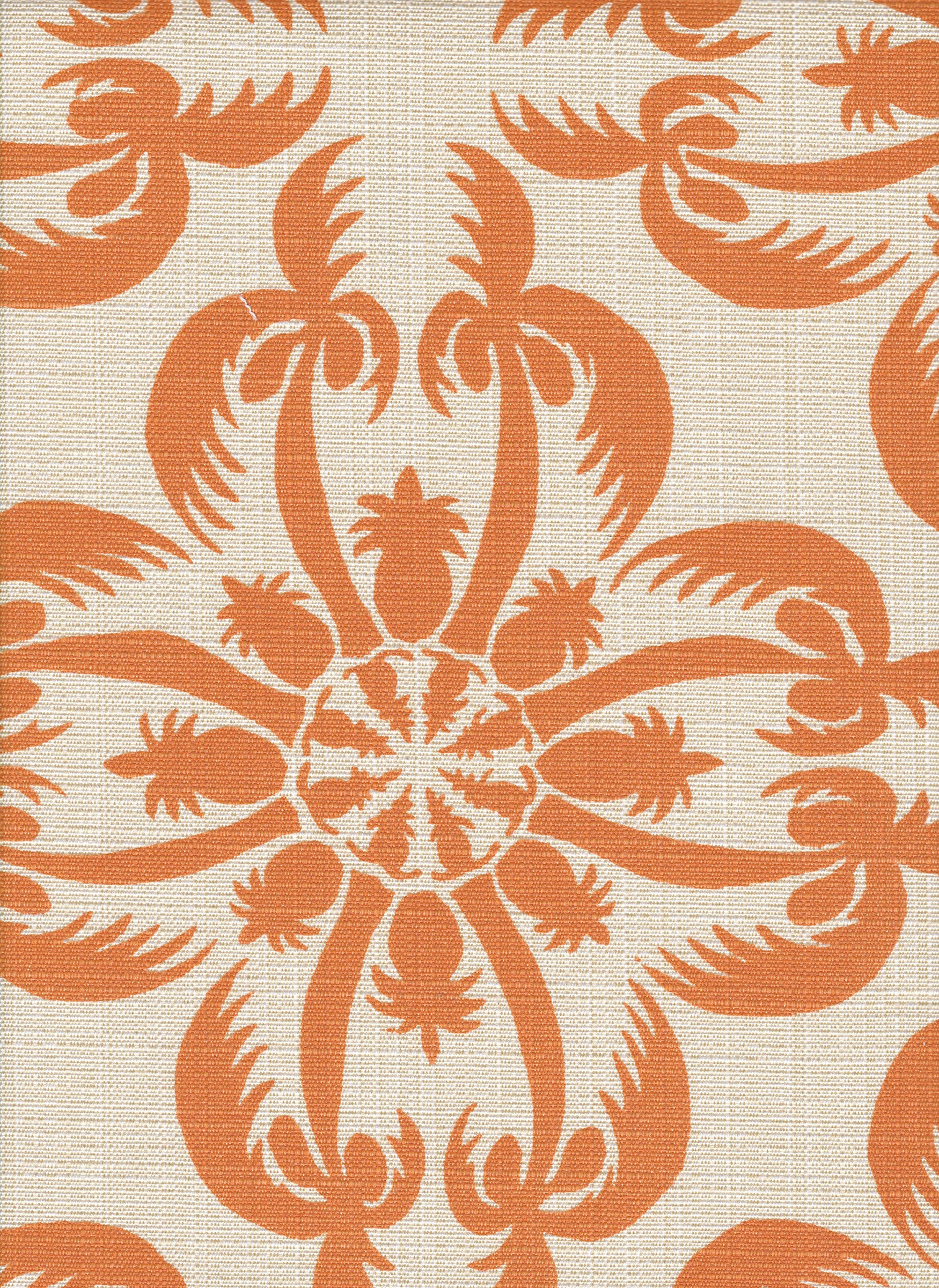 Detail of fabric in a playful botanical print in orange on a cream field.