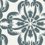 Detail of fabric in a playful botanical print in blue-gray on a white field.