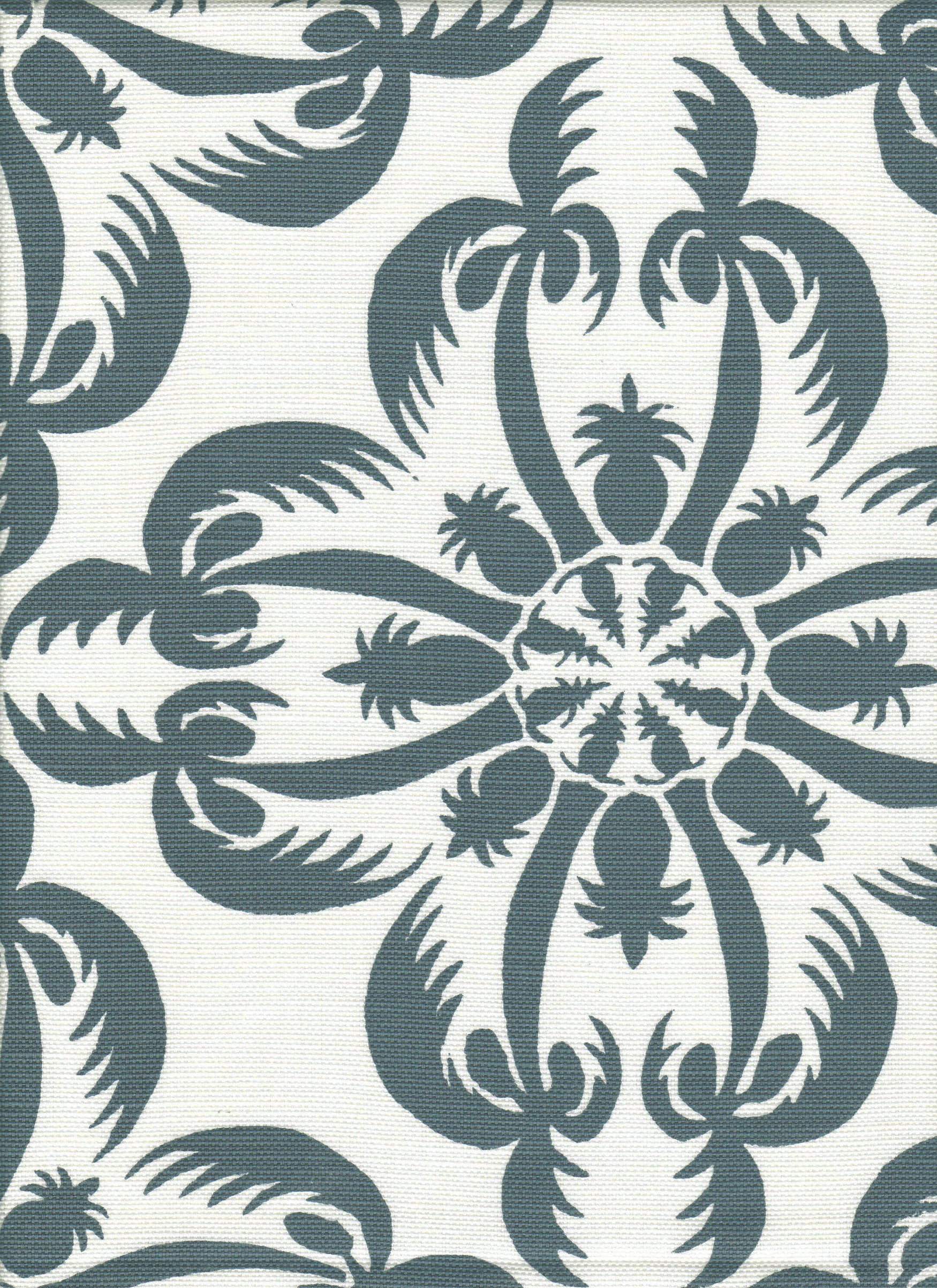 Detail of fabric in a playful botanical print in blue-gray on a white field.