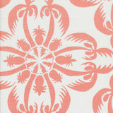 Detail of fabric in a playful botanical print in pink on a white field.