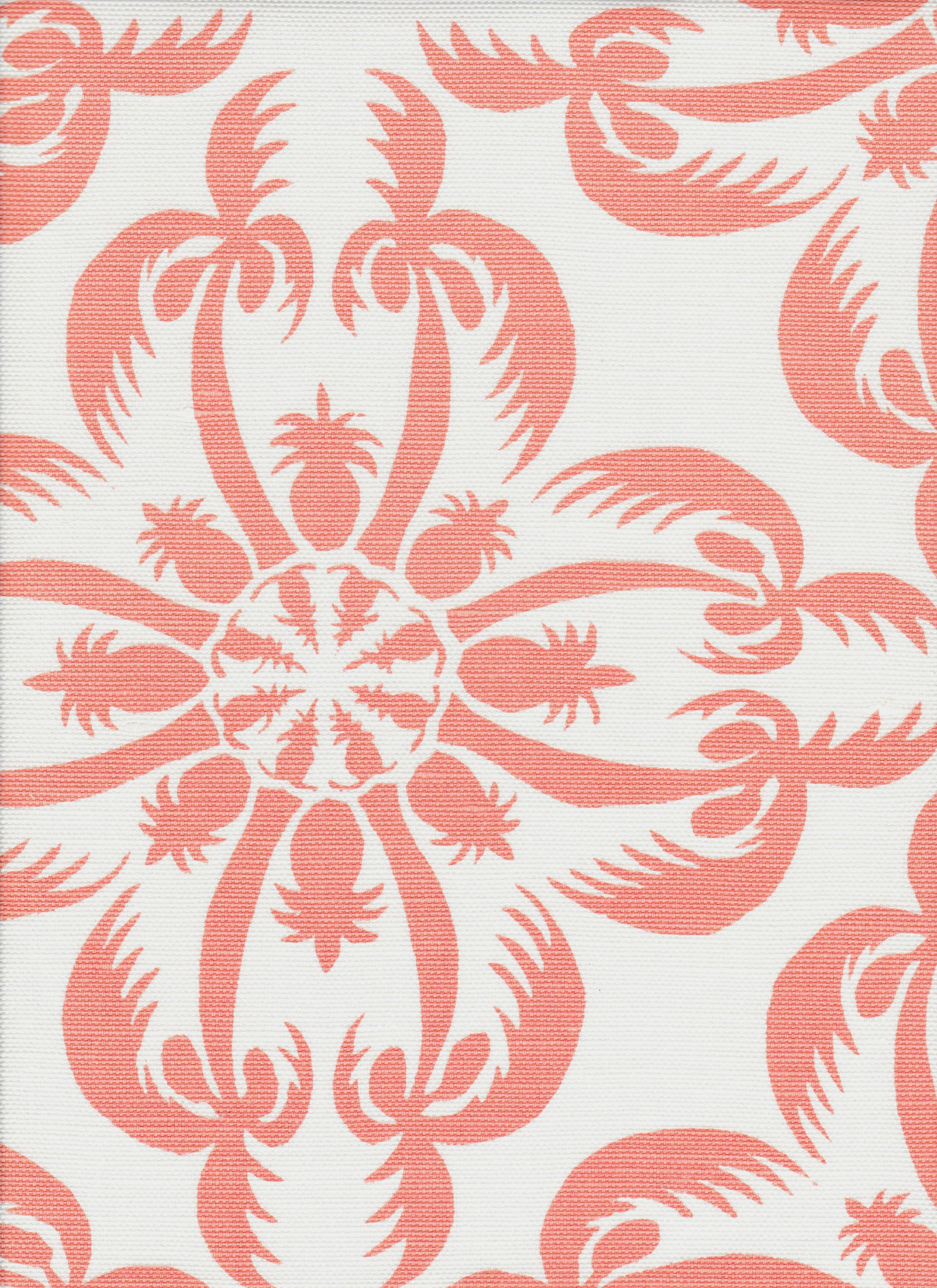 Detail of fabric in a playful botanical print in pink on a white field.