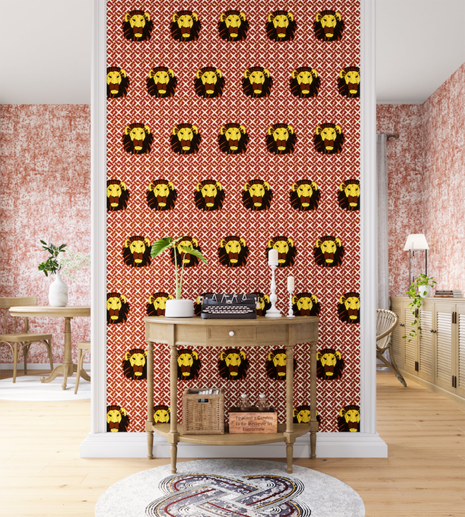 A maximalist living space with an accent wall papered in a repeating lion face pattern in red, yellow and brown.