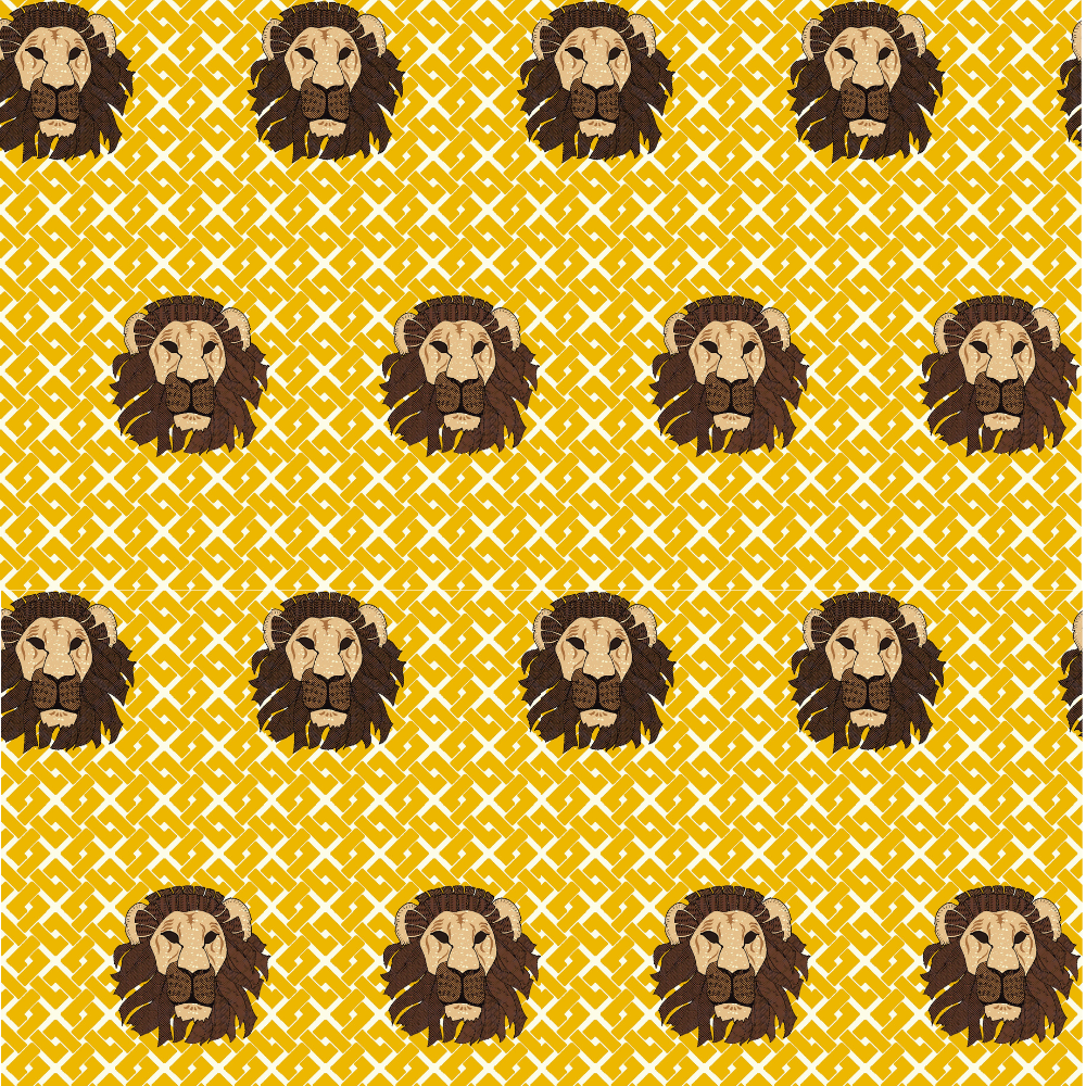 Detail of wallpaper in a repeating lion face print on a geometric field in shades of tan, brown and yellow.