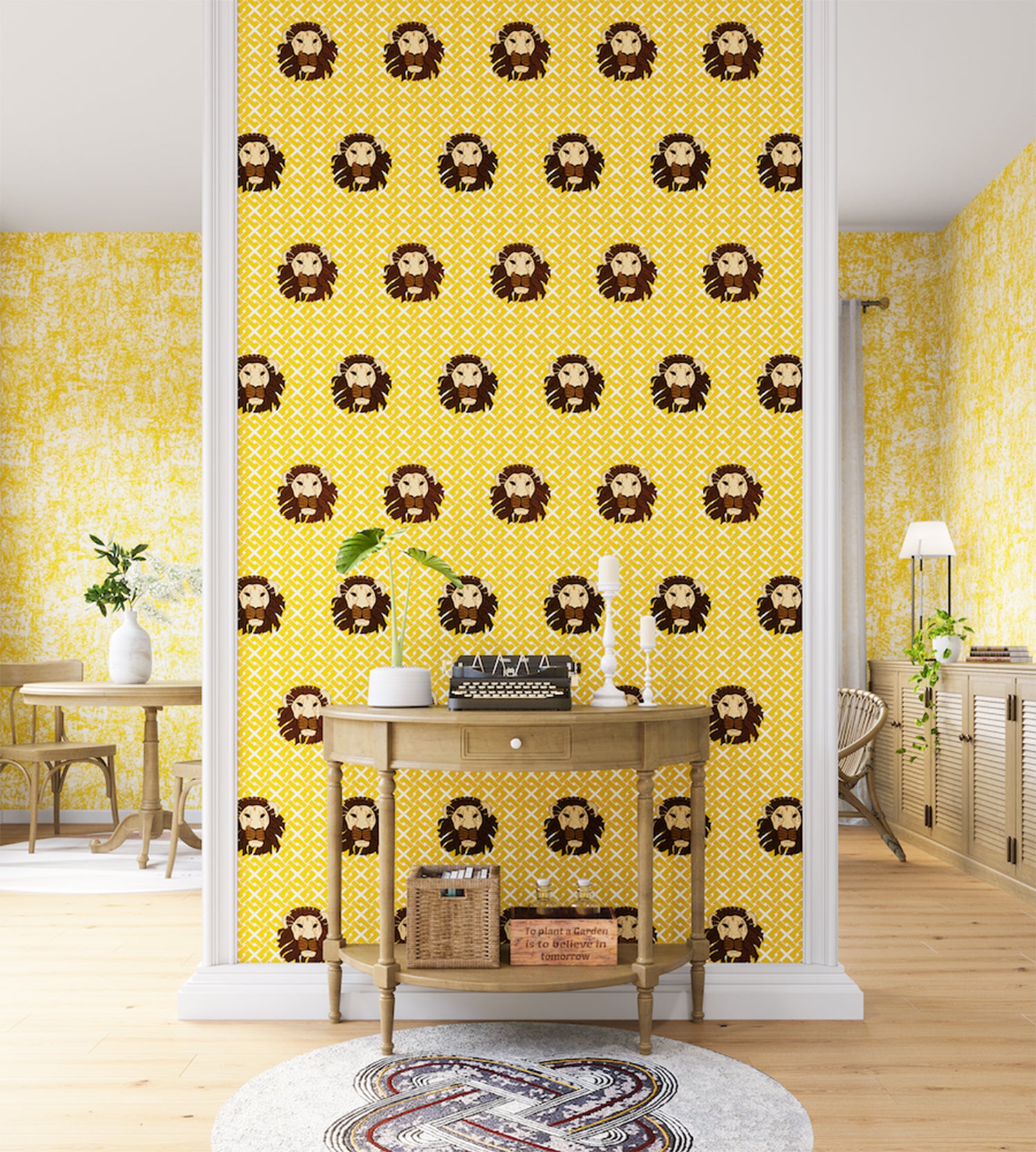 A maximalist living space with an accent wall papered in a repeating lion face pattern in tan, brown and yellow.