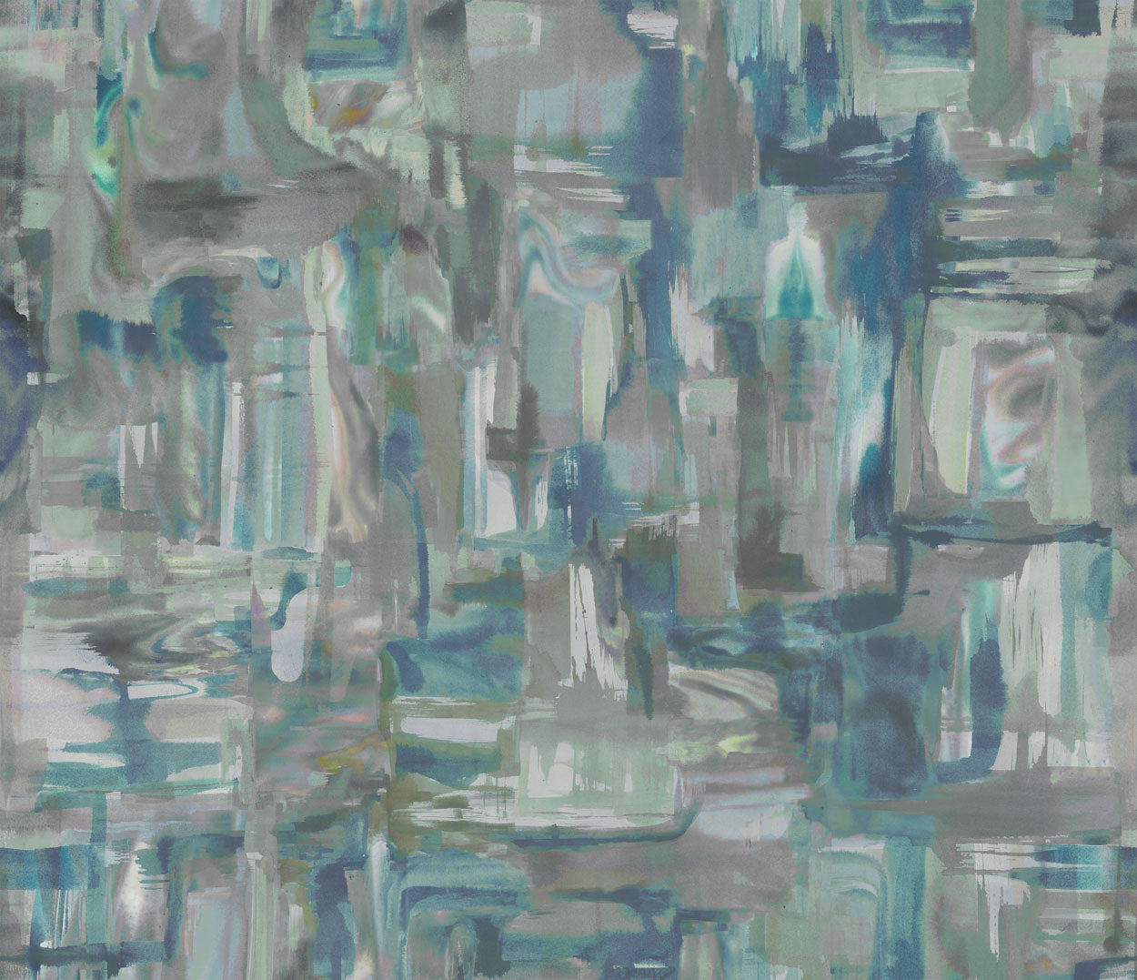 Detail of fabric in an abstract painterly print in shades of blue, gray and olive.