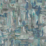 Detail of fabric in an abstract painterly print in shades of blue, gray and olive.