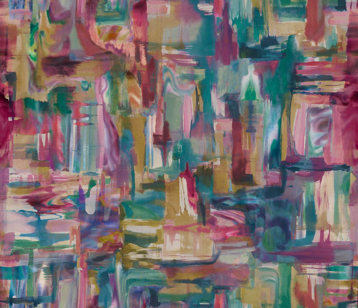 Detail of fabric in an abstract painterly print in shades of pink, turquoise and yellow.