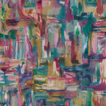 Detail of fabric in an abstract painterly print in shades of pink, turquoise and yellow.