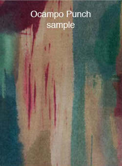 A sample of "Ocampo Punch" fabric in an abstract painterly print in shades of pink, turquoise and yellow.