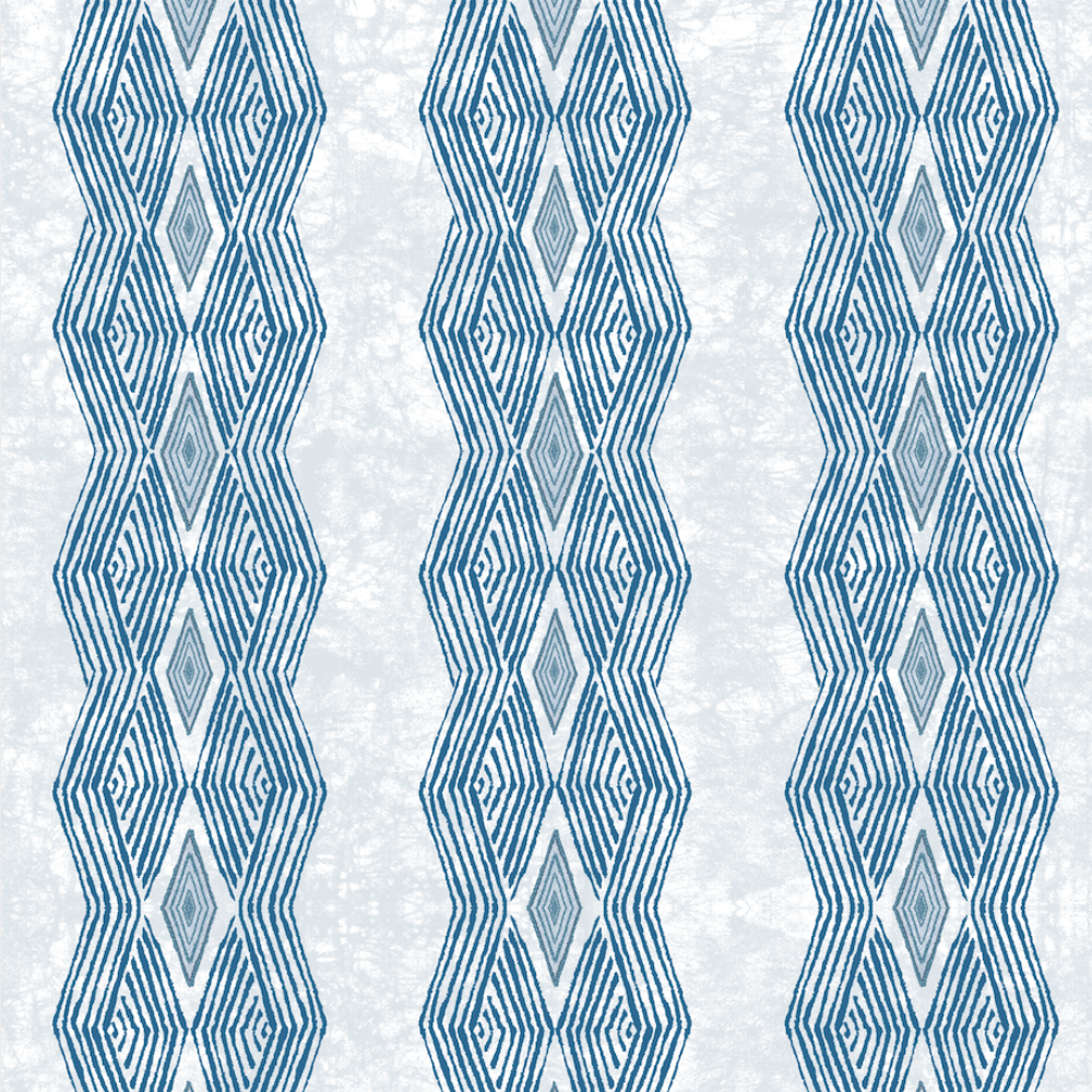 Detail of wallpaper in an intricate diamond stripe print in blue on a cream field.