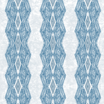 Detail of wallpaper in an intricate diamond stripe print in blue on a cream field.