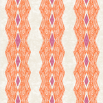 Detail of wallpaper in an intricate diamond stripe print in pink and orange on a cream field.