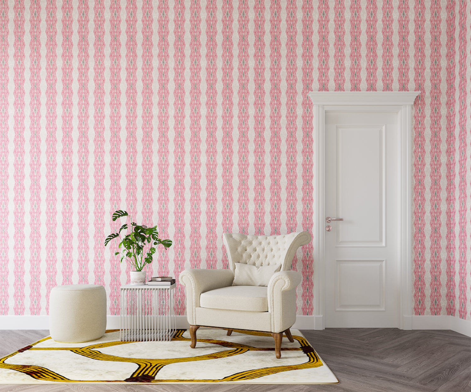 Styled living room tableau with a wall papered in an intricate diamond stripe print in pink, grey and cream.