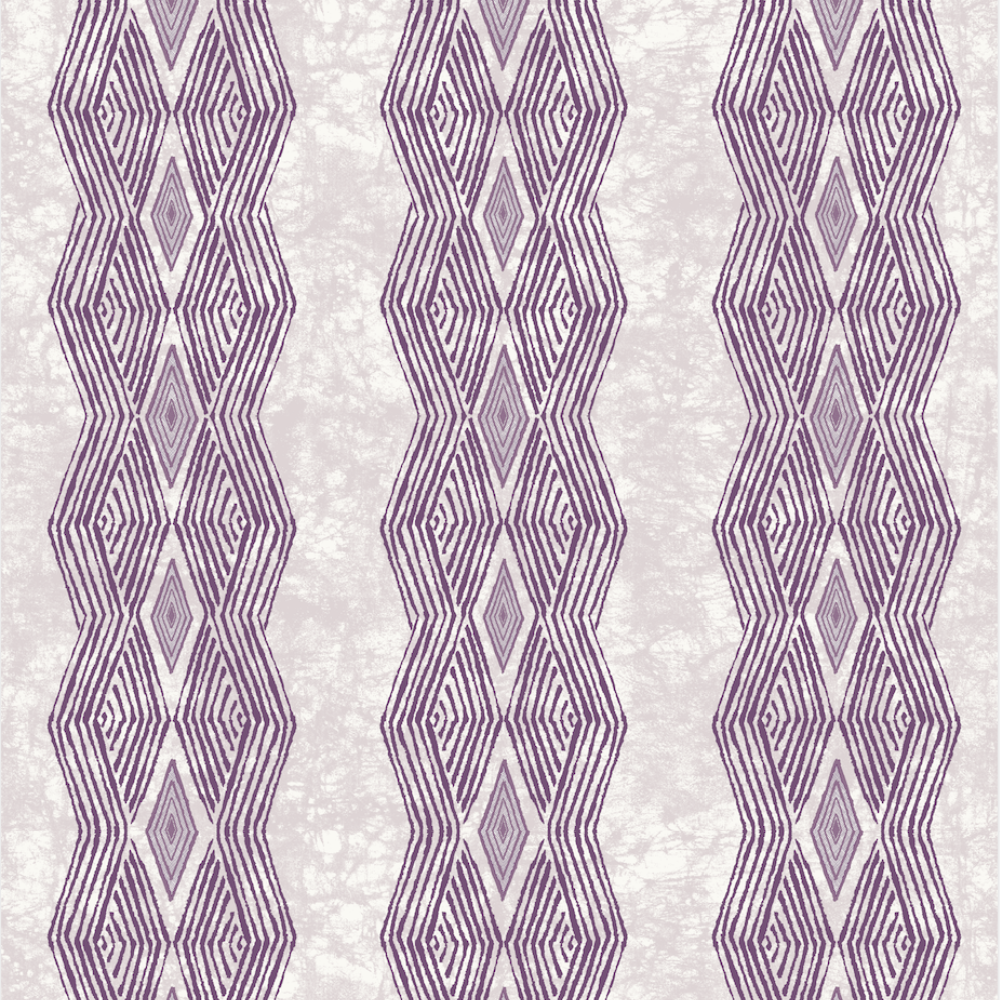 Detail of wallpaper in an intricate diamond stripe print in purple on a cream field.