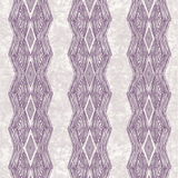 Detail of wallpaper in an intricate diamond stripe print in purple on a cream field.