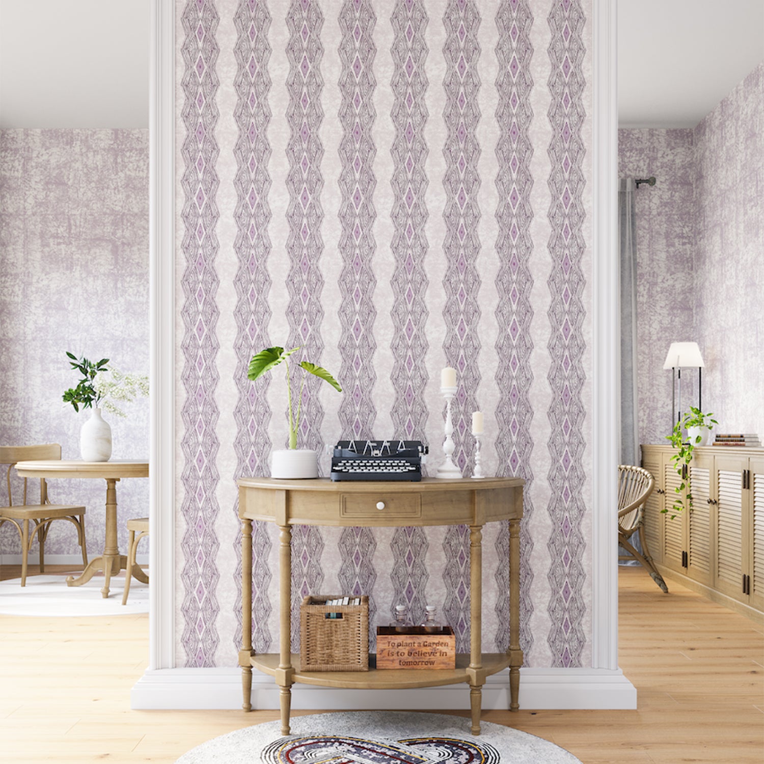 A maximalist living space with an accent wall papered in an intricate diamond stripe print in purple and cream.