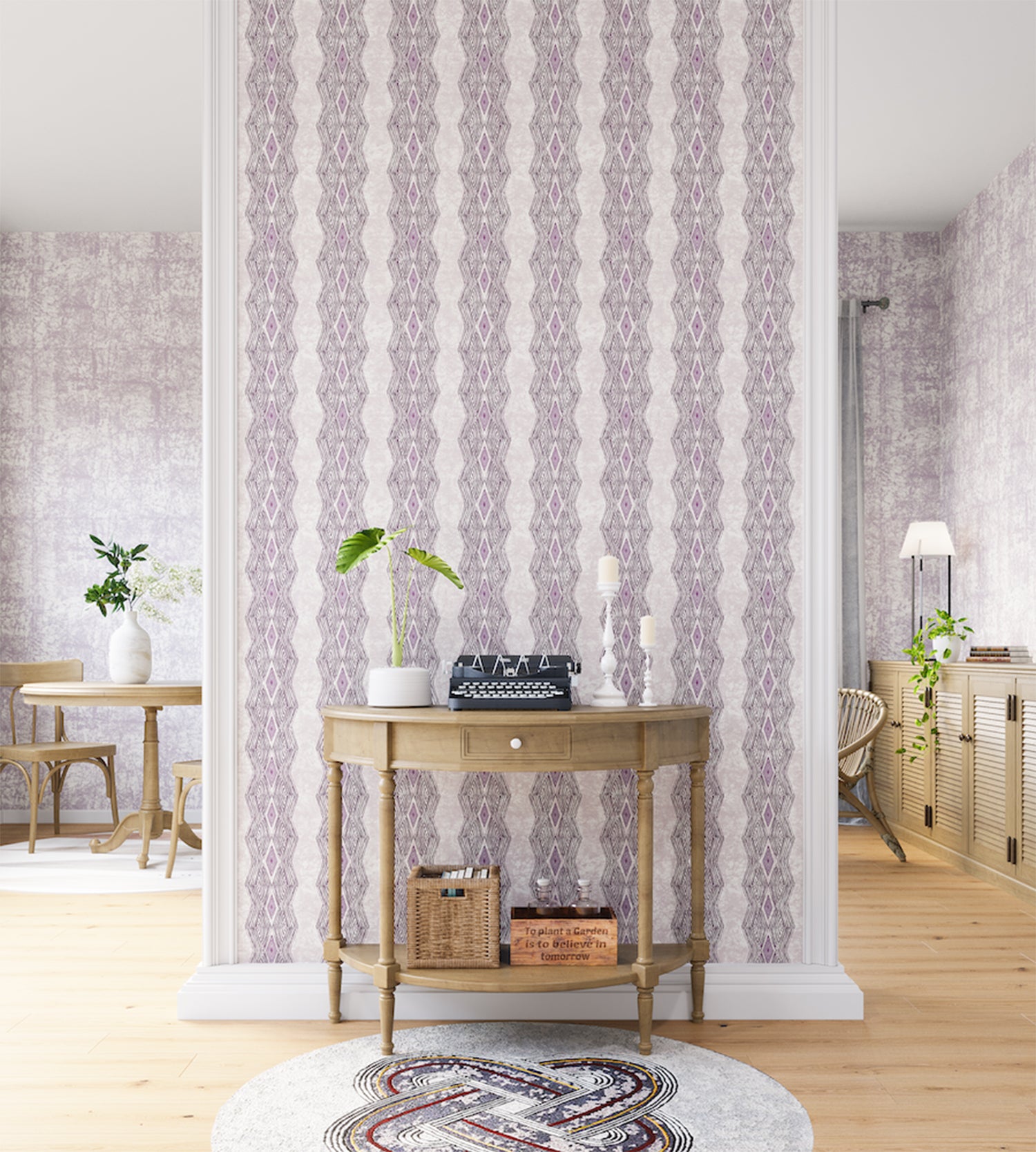 A maximalist living space with an accent wall papered in an intricate diamond stripe print in purple and cream.