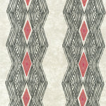 Detail of fabric in an intricate diamond stripe print in black and red on a cream field.