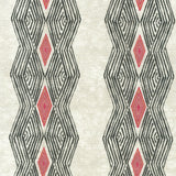 Detail of fabric in an intricate diamond stripe print in black and red on a cream field.