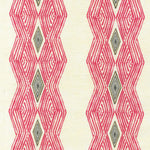 Detail of fabric in an intricate diamond stripe print in pink and green on a cream field.