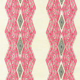 Detail of fabric in an intricate diamond stripe print in pink and green on a cream field.