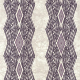 Detail of fabric in an intricate diamond stripe print in purple on a cream field.
