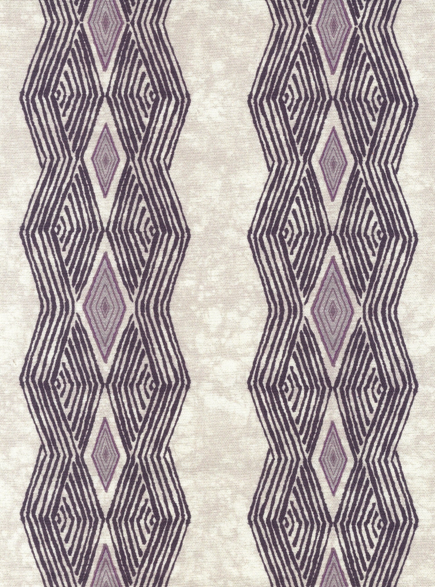 Detail of fabric in an intricate diamond stripe print in purple on a cream field.