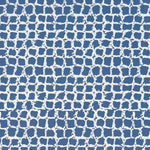 Detail of wallpaper in an abstract grid print in blue on a light gray field.