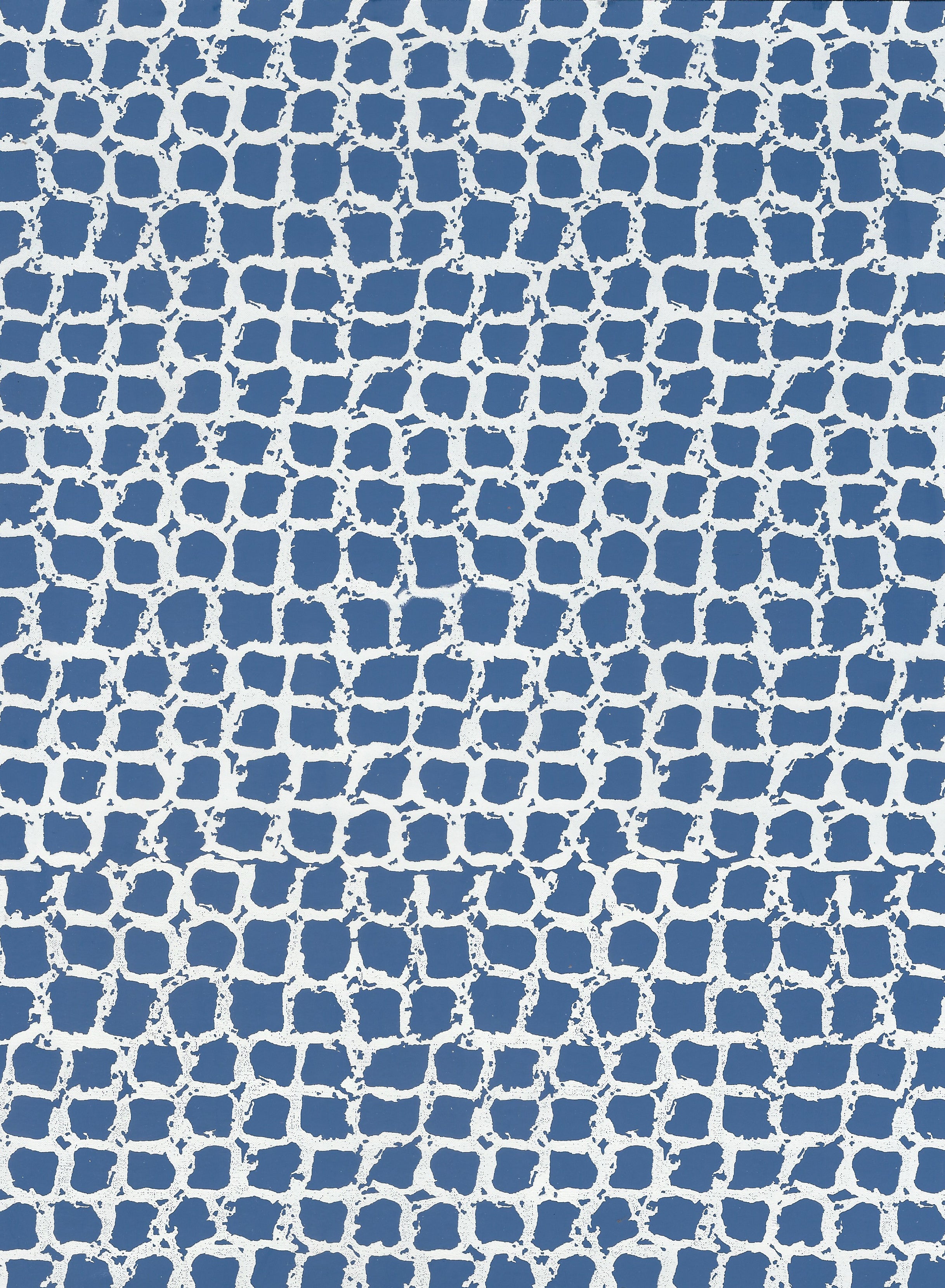 Detail of wallpaper in an abstract grid print in blue on a light gray field.