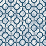 Detail of wallpaper in a rounded lattice print in navy on a mottled blue field.