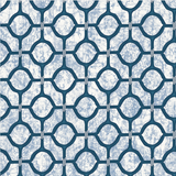 Detail of wallpaper in a rounded lattice print in navy on a mottled blue field.