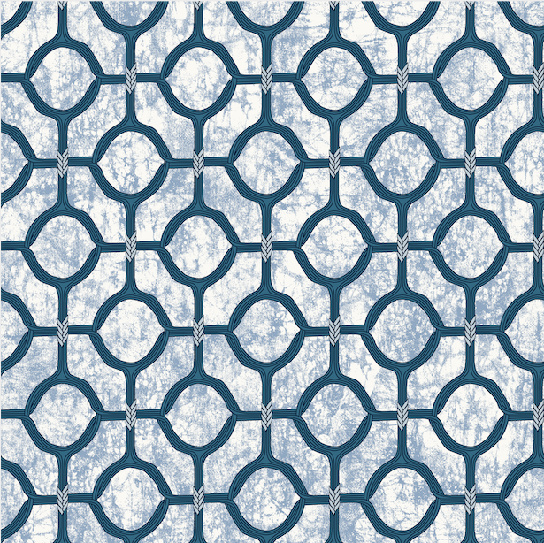Detail of wallpaper in a rounded lattice print in navy on a mottled blue field.
