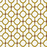 Detail of wallpaper in a rounded lattice print in yellow and red on a mottled cream field.