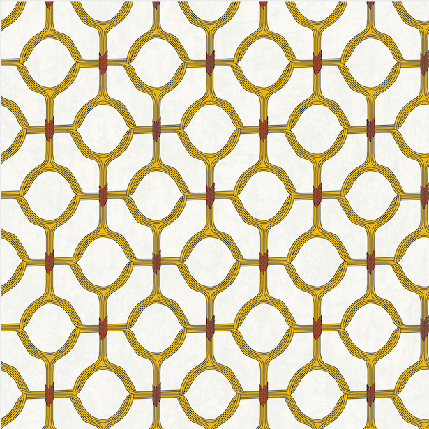 Detail of wallpaper in a rounded lattice print in yellow and red on a mottled cream field.